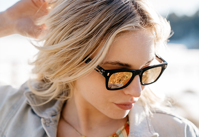 Sunglasses with Clear Black Frames and Polarized Peach Lenses, Model