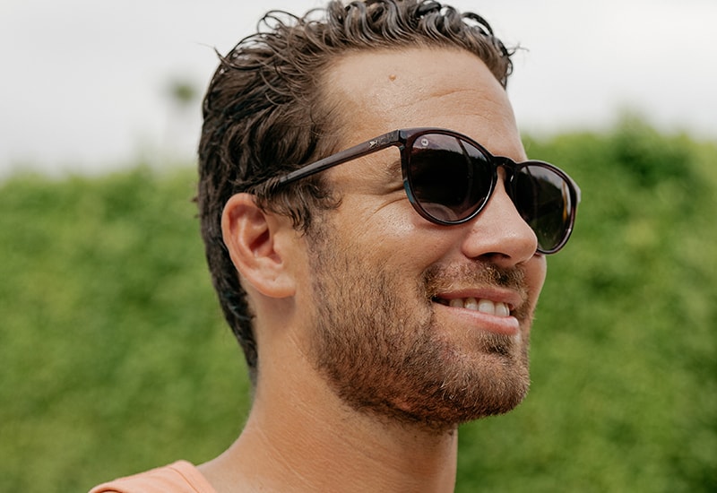 Sunglasses with Purple Frames and Polarized Smoke Gradient Lenses, Model