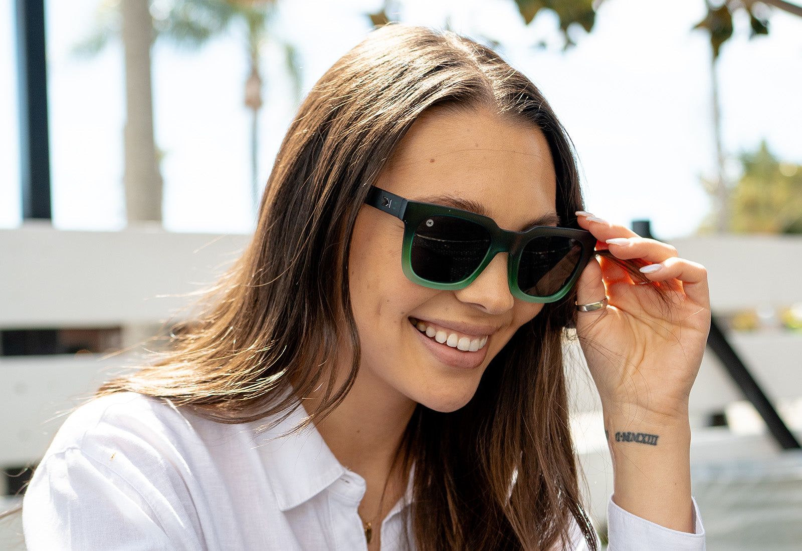 Sunglasses with Deep Blue to Light Blue Frames and Polarized Black Lenses, Model