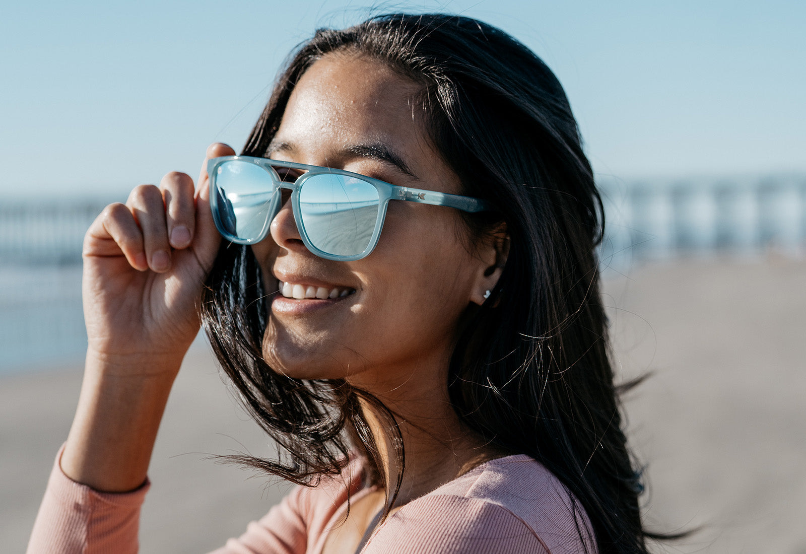 Sunglasses with Blue Frames and Polarized Sky Blue Lenses, Model