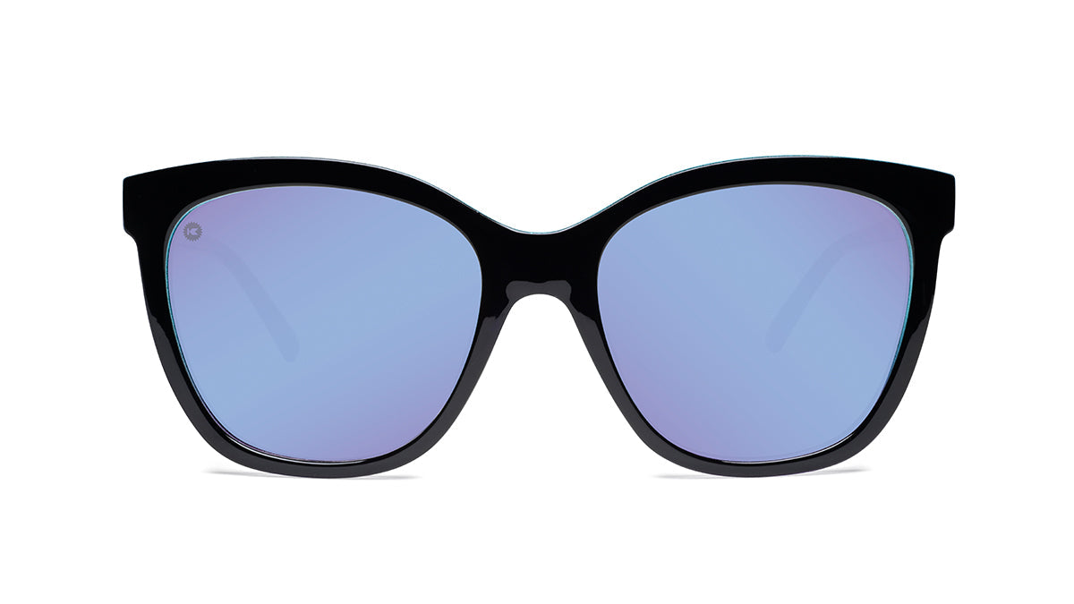 Sunglasses with Glossy Black Exterior and Ice Blue to Lavender Interior and Polarized Snow Opal Lenses. Front