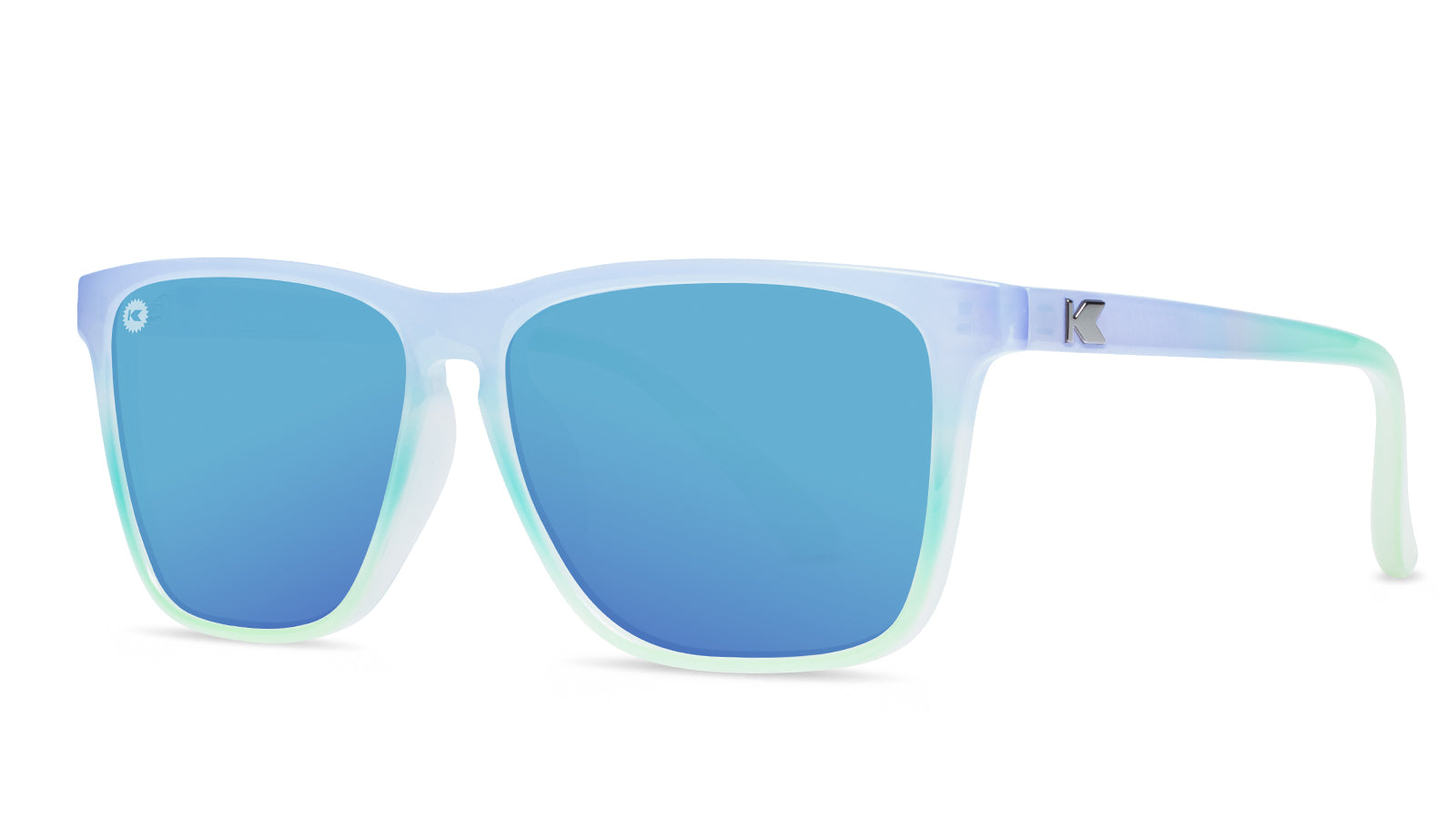 Sunglasses with Purple to Green Fade Frames and Polarized Aqua Lenses, Threequarter