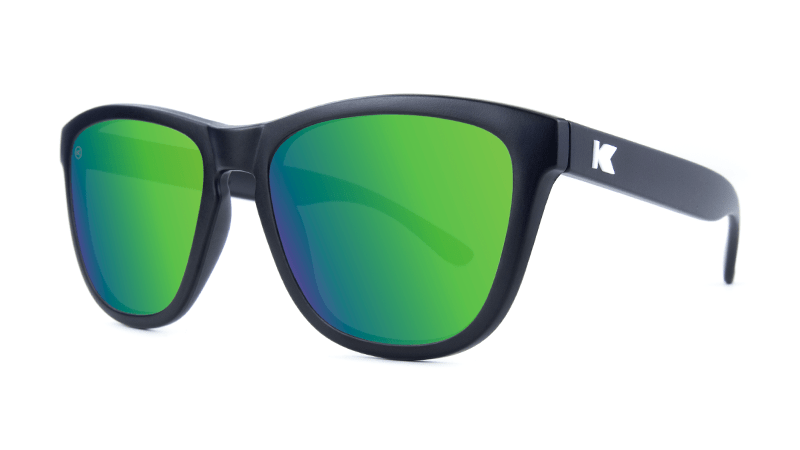 Premiums Sunglasses with Matte Black Frames and Green Moonshine Mirrored Lenses, Threequarter