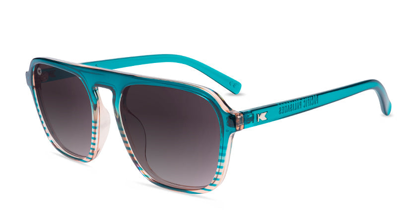 Sunglasses with Turquoise and Coral Frame and Polarized Smoke Gradient Lenses, Flyover