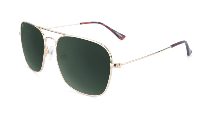 Sunglasses with Gold Metal Frame and Polarized Aviator Green Lenses, Flyover