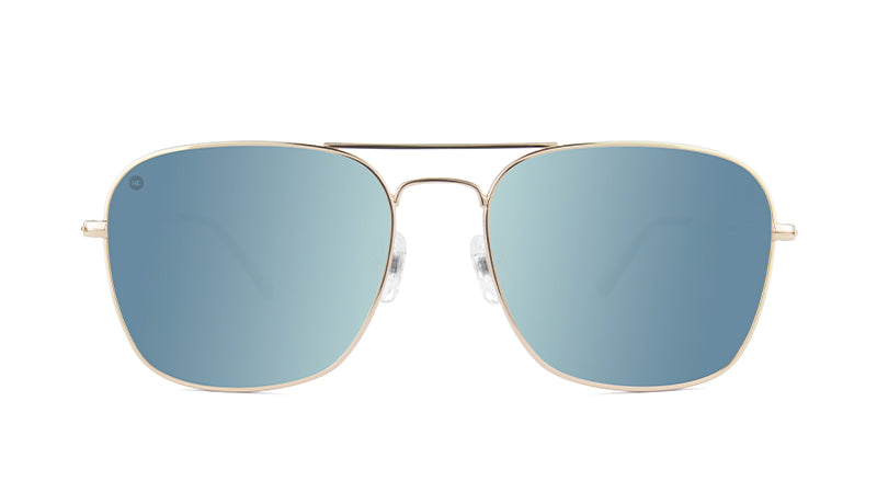 Sunglasses with Gold Metal Frame and Polarized Sky Blue Lenses, Front