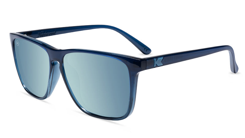 Sunglasses with Glossy Blue Frames and Polarized Sky Blue Lenses, Flyover