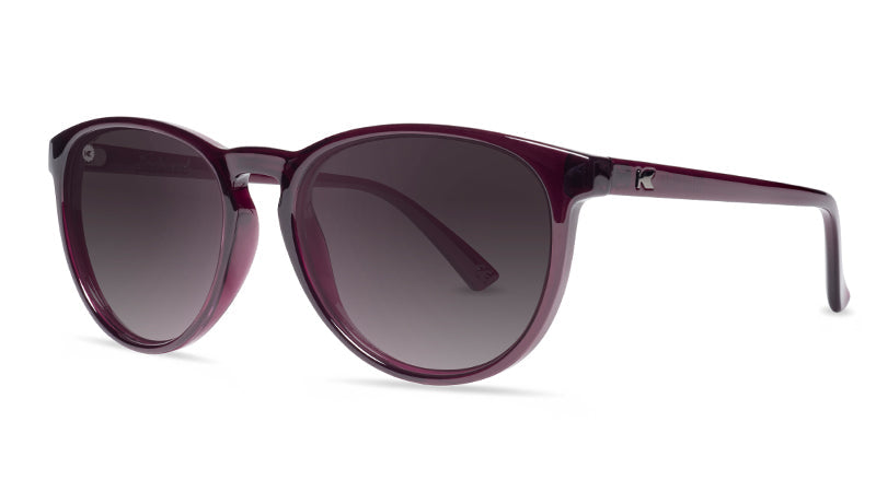 Sunglasses with Purple Frames and Polarized Smoke Gradient Lenses, Threequarter