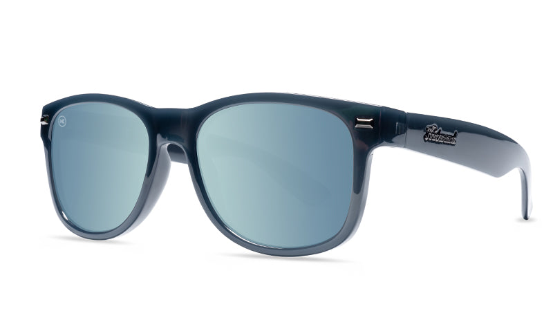 Sunglasses with Glossy Navy Frames and Polarized Sky Blue Lenses, Threequarter