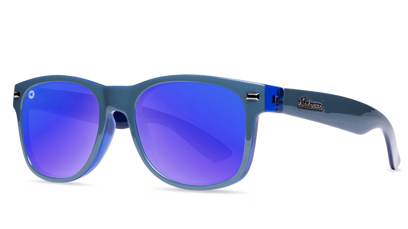 Sunglasses with glossy Blue Frames and Polarized Moonshine Lenses. Threequarter