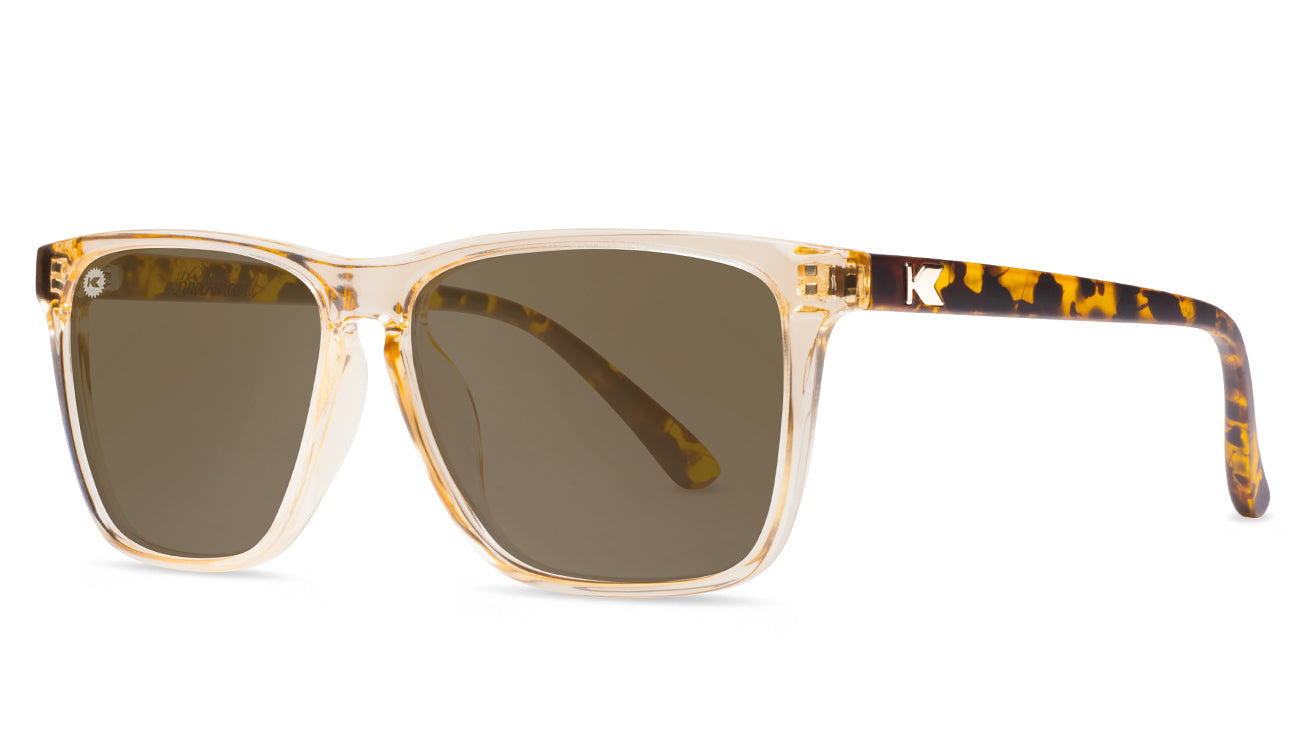 Sunglasses with Tortoise Shell Arms and Orange Fronts With Polarized Amber Lenses, Threequarter