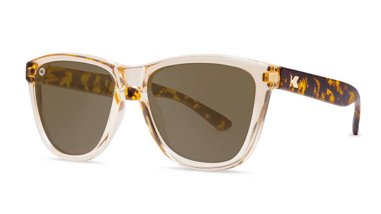 Sunglasses with Tortoise Shell Arms and Orange Fronts With Polarized Amber Lenses, Threequarter