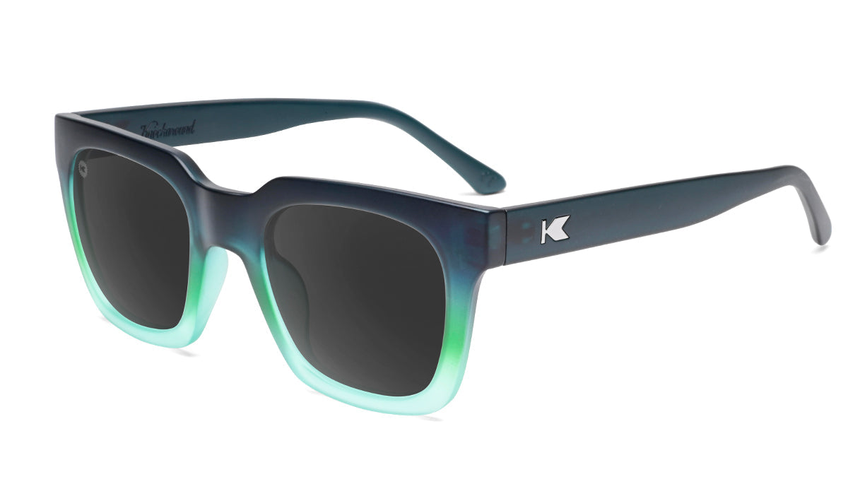 Sunglasses with Deep Blue to Light Blue Frames and Polarized Black Lenses, Flyover