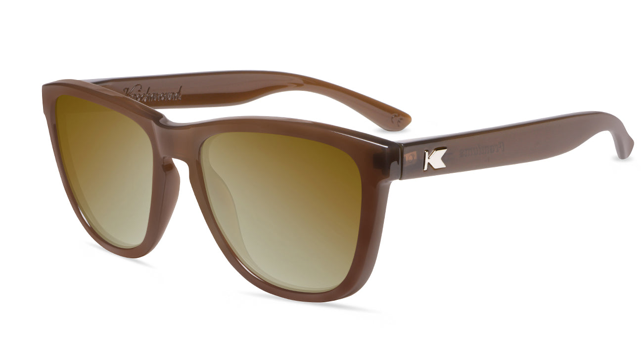 Sunglasses with Glossy Brown Frames and Polarized Gold Lenses, Flyover