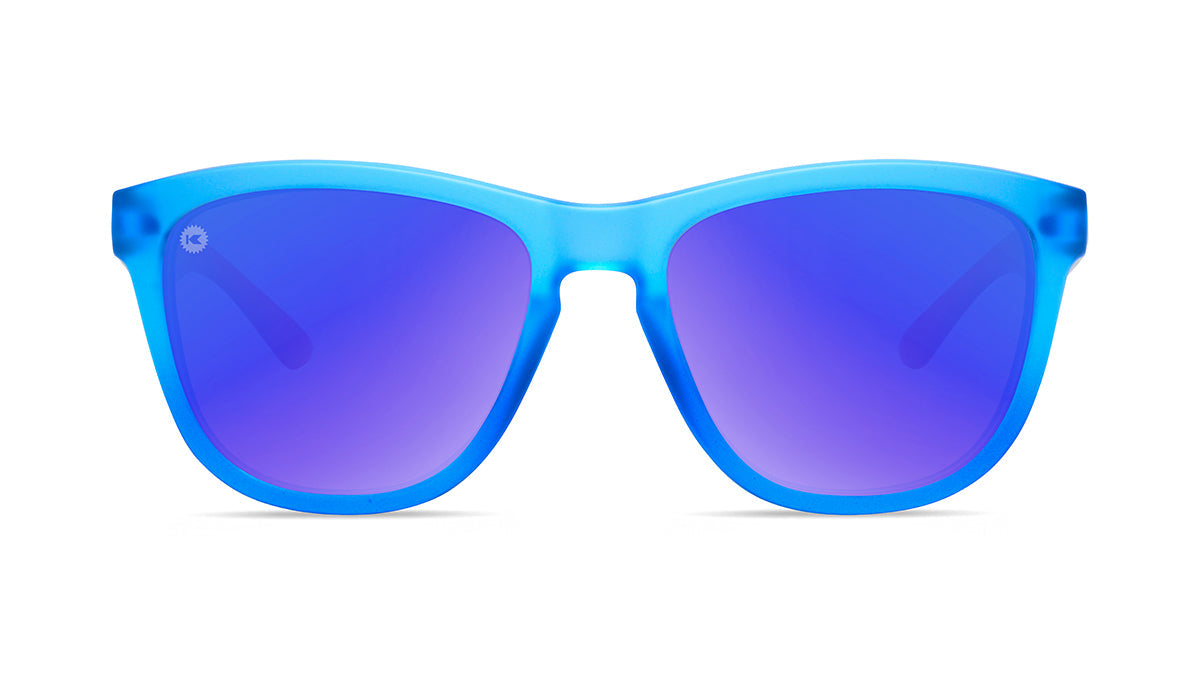 Sunglasses with Blue, Red, and White Frames and Polarized Blue Moonshine Lenses, Front