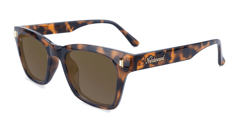 Sunglasses with Glossy Tortoise Shell Frames and Polarized Amber Lenses, Flyover